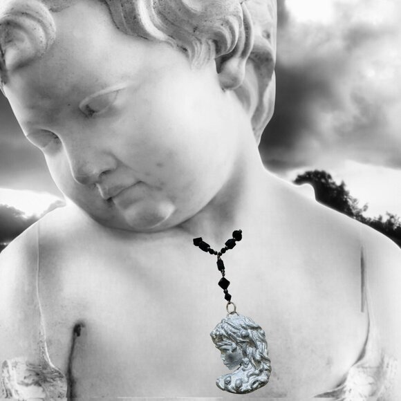 Art Nuveau Clay Lady Pendant with Artisan Crafted with Crystal Beaded Necklace - Picture 5 of 9